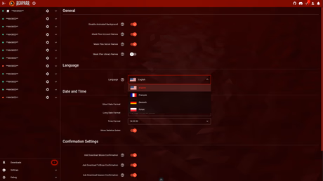 Settings – language select and other general settings overview